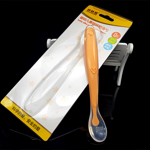 First baby Silicone Gel Soft Head Spoon Vice Food Tablespoon Long Handle Rice Burnt with water spoon Soup spoon can be boiled with pp containing box
