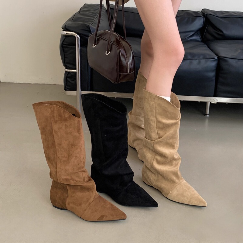 2026 Autumn and Winter New Style Pointed Toe High Boots Versatile Wide-Leg Boots Slouchy Boots Women's Flat Suede Over-The-Knee Long Boots