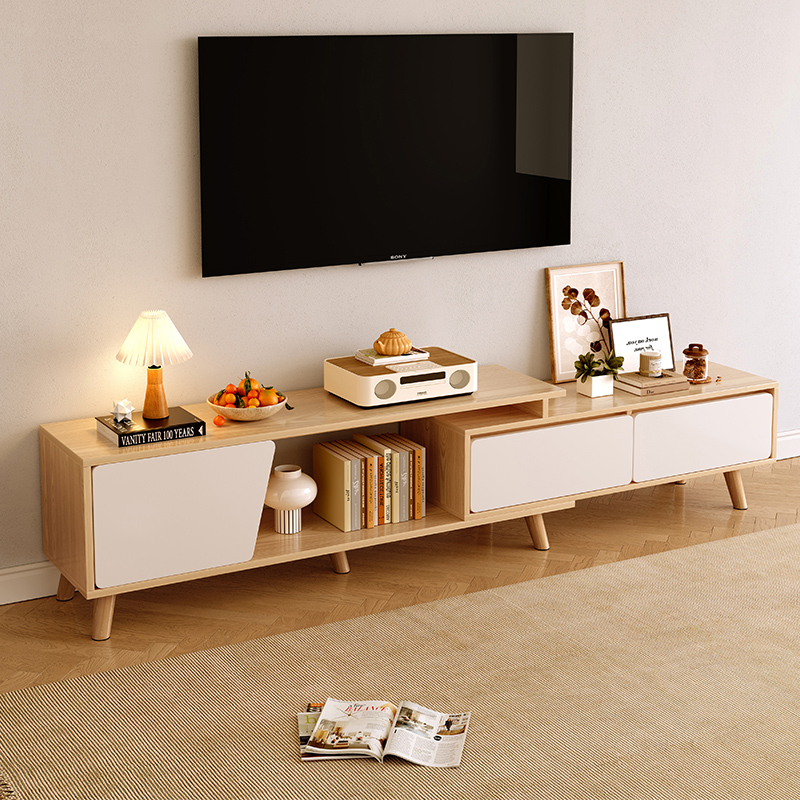 TV cabinet minimalist modern floor-type small family solid wood legs Nordic telescopic TV cabinet tea table combined living room-Taobao