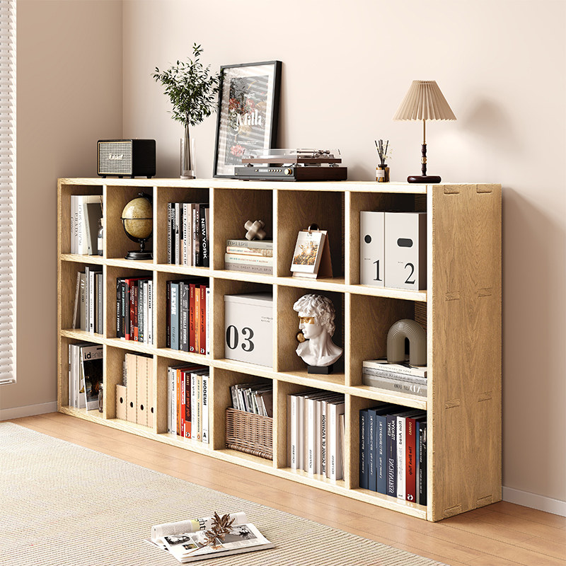 Solid wood bookshelf rack floor living room leaning against wall multilayer storage grid cabinet pine wood display cabinet Home bookcase-Taobao