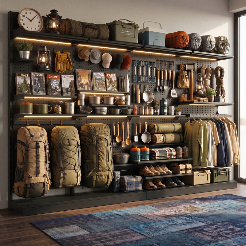 Outdoor Hiking Gear Perforated Board Widened Storage Rack Camping Metal Shelf No-Drill Display Storage Wall Accessories
