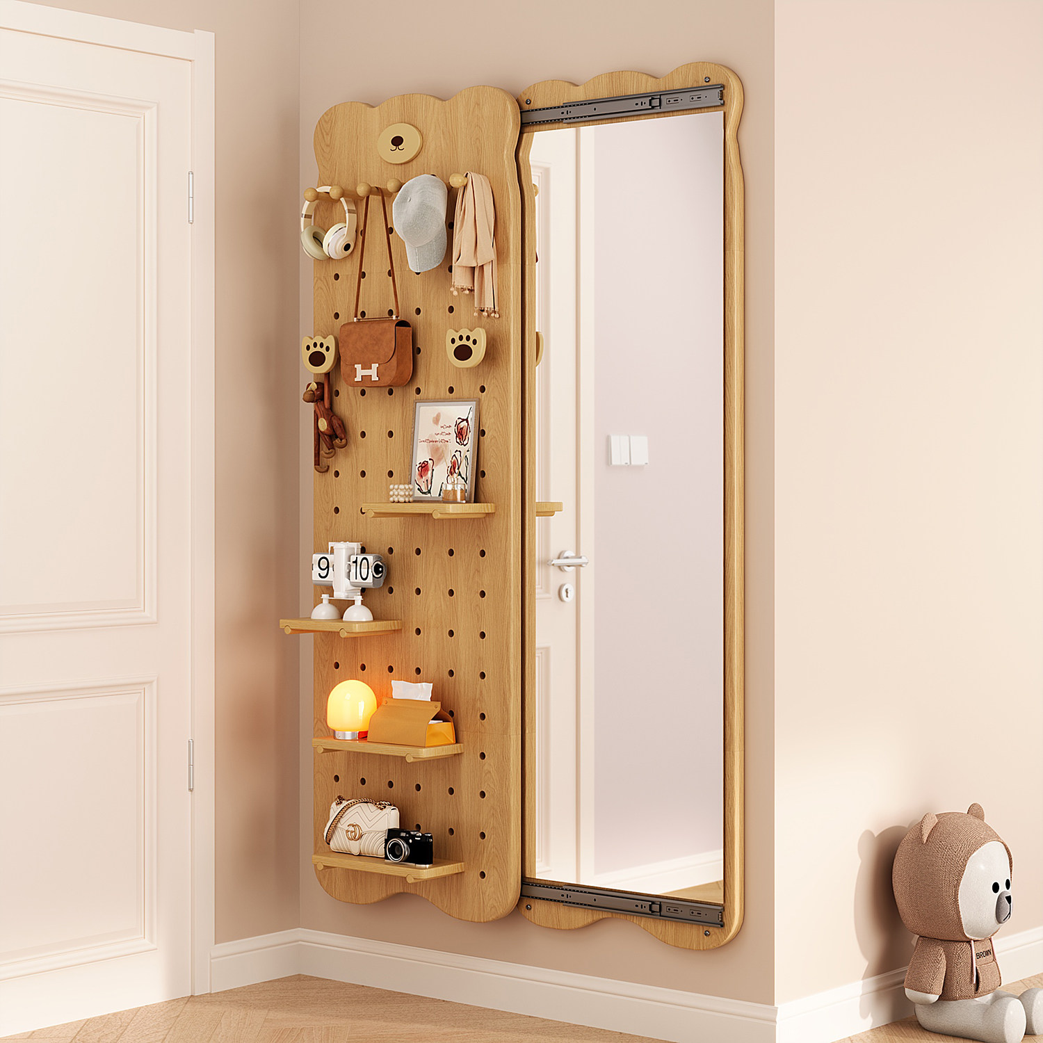 Solid wood door rear storage rack hole board dressing mirror integrated wall can hide full-length mirror entrance entrance hanger