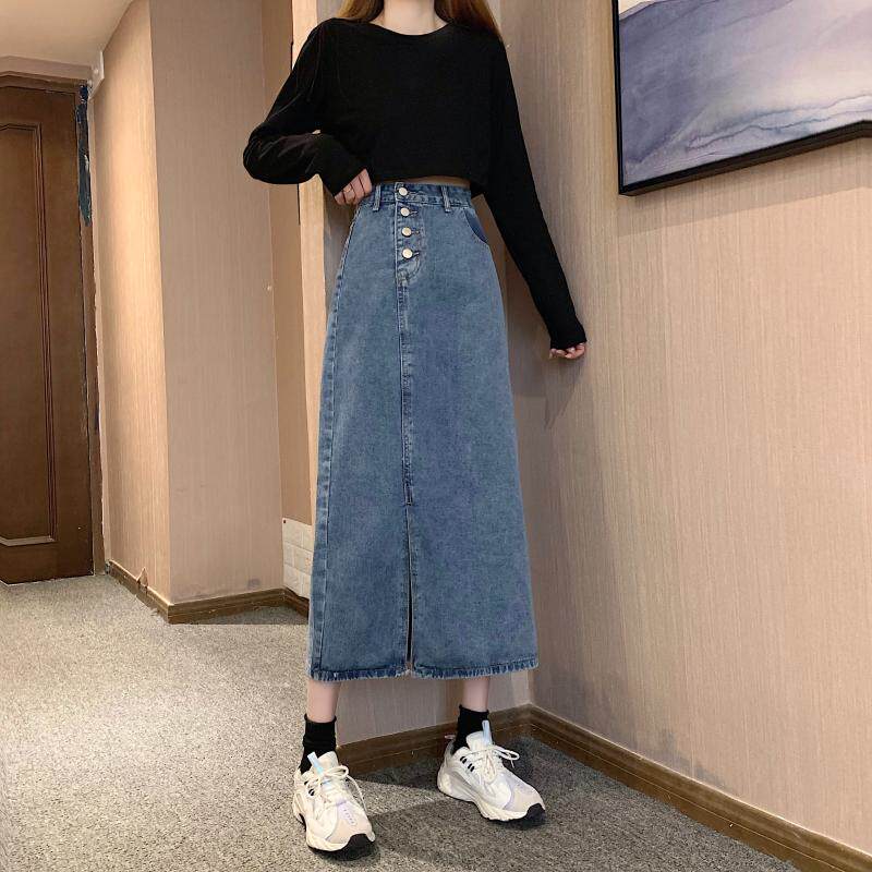 Large size side open fork Cowboy half body dress with long version of spring Fat mm Chains Careful Machine Bag Arm Skirt slim long dress