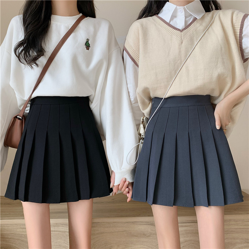 Black pleated skirt high waist a-line skirt design sense large size skirt fat mm Autumn and winter college wind shows thin does not show span