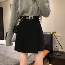 Black woolen skirt autumn and winter womens A- line dress with sweater high waist irregular size slim non-striped skirt