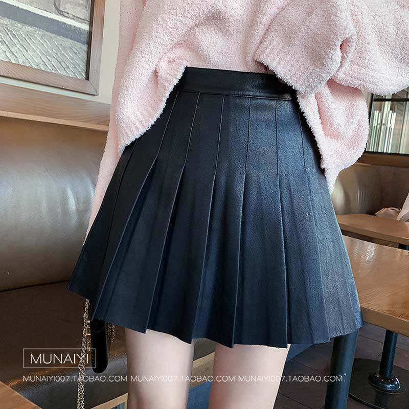 Black leather skirt PU leather large size pleated skirt female thin skirt does not show span fat mm high waist short section female a-line skirt