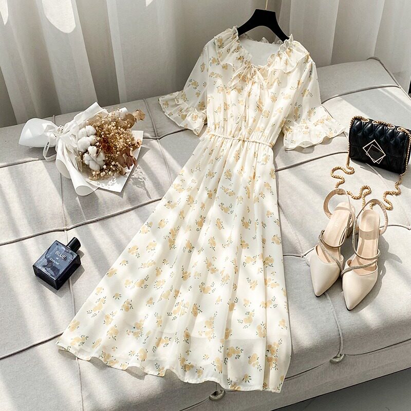 プラスサイズ 2026年新作 シフォン花柄ドレス レディース 夏物 スタイルアップ効果のあるミディアム丈ドレス