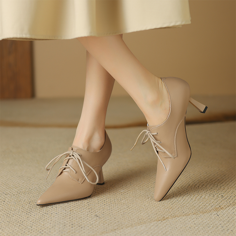 Nude High-Heeled Shoes, Spring and Autumn Single Boots, French Style, Sheepskin Pointed Toe, Deep-Cut Single Shoes, Women's Stiletto Small Leather Shoes, Ankle Boots