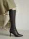 Brown boots, feminine, pointed toe high heels, stiletto heels, no more than knee high boots, coffee boots for small people, women