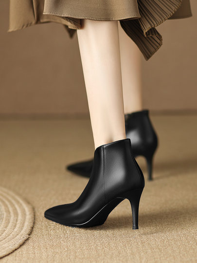 French short boots for women in autumn and winter soft sheepskin pointed toe ankle boots nude high heels women's stiletto Korean style slim boots