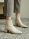 White Sheepskin French-Style Chunky Heel Ankle Boots for Women, Autumn and Winter Square Toe Thick-Soled Slim Boots, Fashionable Petite Fleece-Lined Women's Shoes