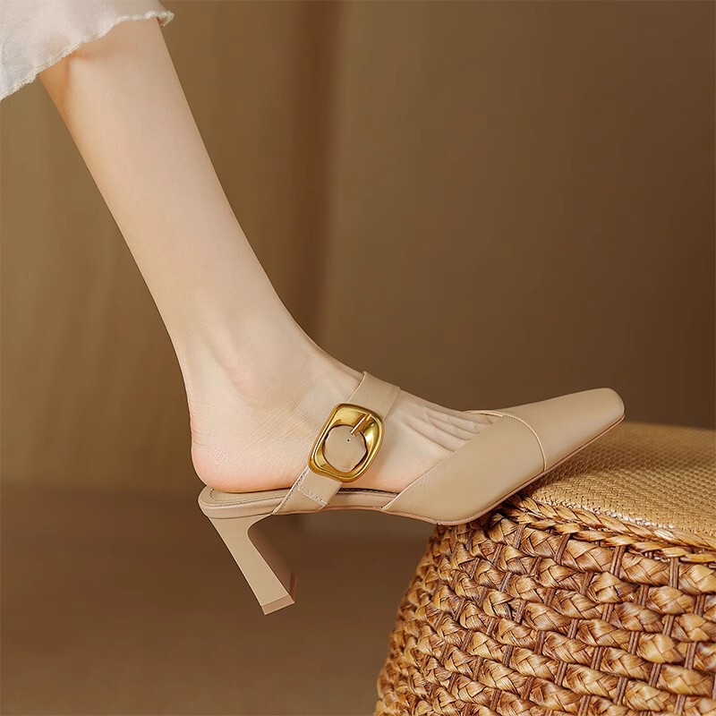 Sheepskin Slippers for Women, Summer Outerwear, Paired with Skirts, Genuine Leather High Heels, Women's Chunky Heel Half-Slippers, Mules, Closed-Toe Sandals for Women Sheepskin Slippers for Women, Summer Outerwear, Paired with Skirts, Genuine Leather High Heels, Women's Chunky Heel Half-Slippers, Mules, Closed-Toe Sandals for Women