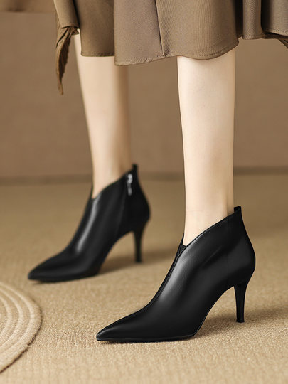 French short boots for women in autumn and winter soft sheepskin pointed toe ankle boots nude high heels women's stiletto Korean style slim boots