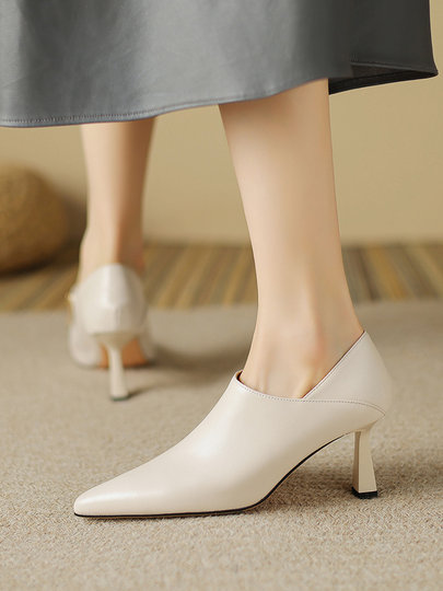 French ankle boots for women spring pointed toe nude high heels women's stiletto white deep mouth single shoes wrapped feet small short boots