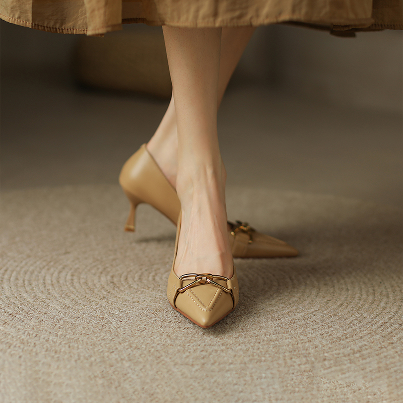 French-Style Pointed-Toe High Heels for Women, Stiletto Summer Genuine Leather Shoes, Versatile and Elegant, Brown, Suitable for Petite Women, Paired with Skirts
