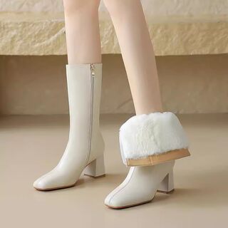 White Genuine Leather Mid-Calf Boots for Women, Autumn and Winter, Fleece-Lined, Thickened with Lamb Wool, Warm, Petite High-Heeled Short Boots