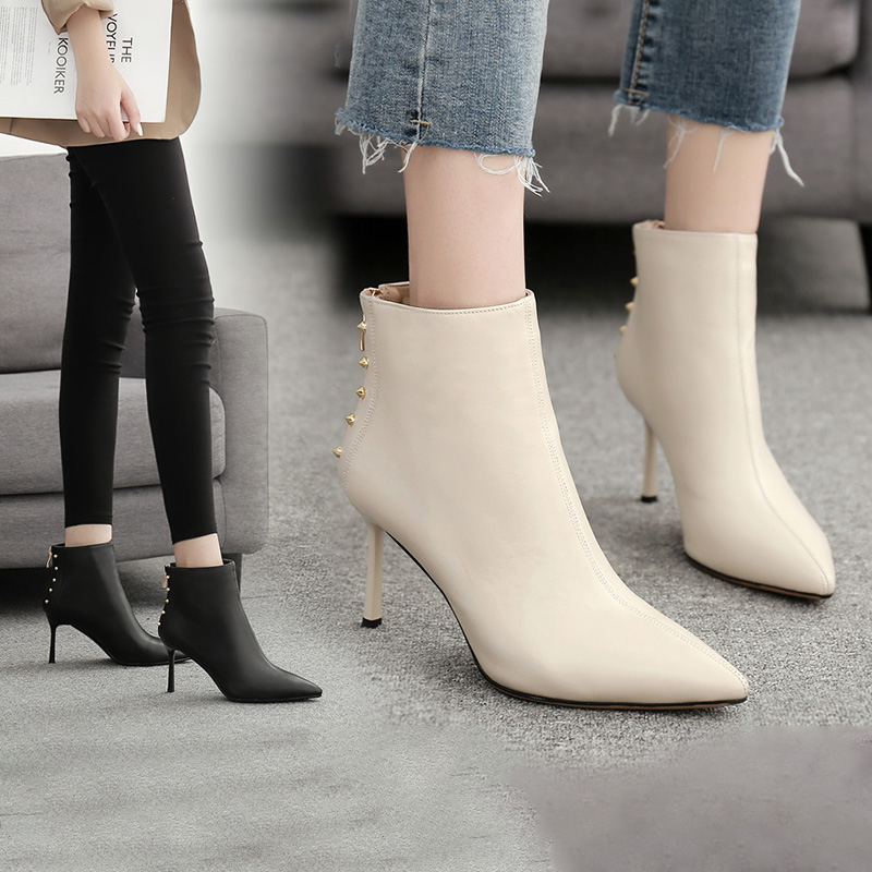 Autumn women's shoes 2022 new boots beige heel rivets and small heels with Martin boots and ankle boots