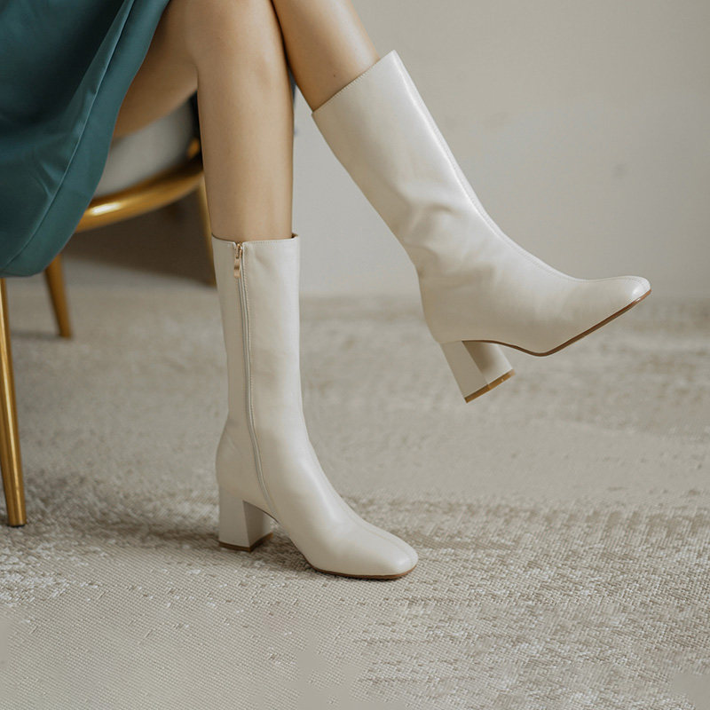 White boots female midway boots small sub autumn winter coarse heel square head Martin boots genuine leather soft leather riding boots long drum boot