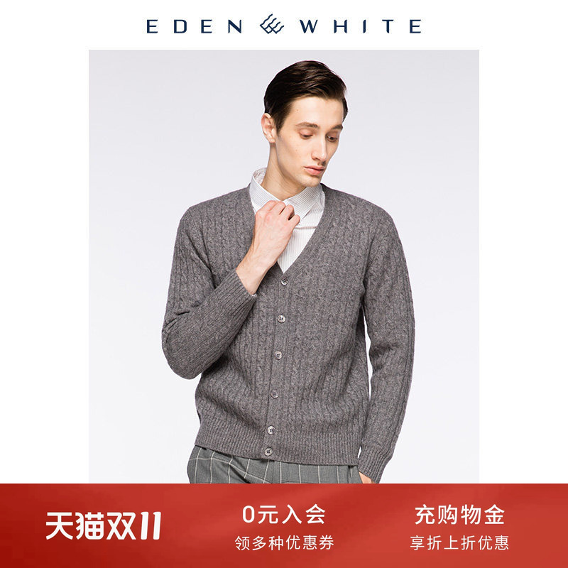 Saint Snow Velvet 100% Cashmere Men's V-Neck Vintage Cable Knit Casual Thick Knitted Cardigan
