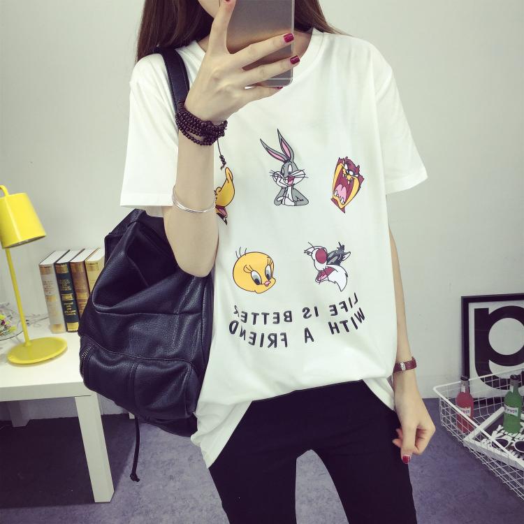 Mùa hè mới thai sản váy ngắn tay cotton dễ thương phim hoạt hình in dài lỏng T-Shirt của phụ nữ áo triều thời trang