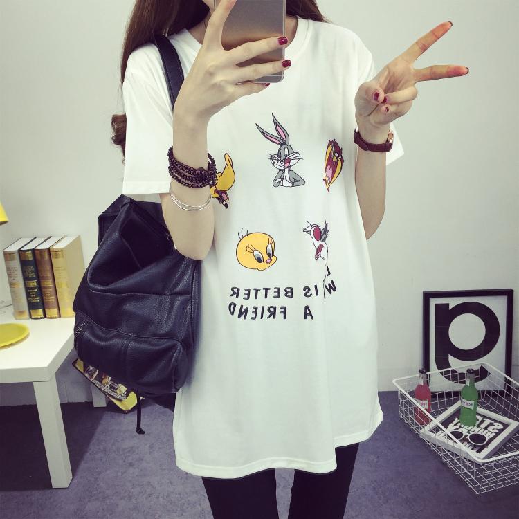 Mùa hè mới thai sản váy ngắn tay cotton dễ thương phim hoạt hình in dài lỏng T-Shirt của phụ nữ áo triều thời trang