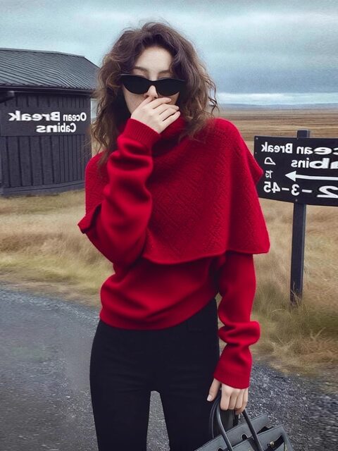Heavy-duty bright silk design with shawl and stylish red sweater for women in autumn and winter, loose and lazy knitted sweater