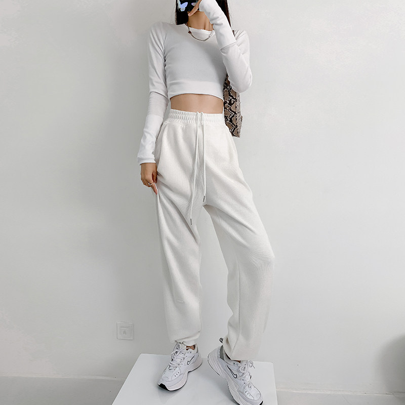 White sports pants woman loose bunches for spring and autumn summer thin section 2021 new broadleg straight cylinder casual thick cotton pants Ins tide