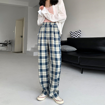 Black and white plaid pants womens pants wide legs spring and autumn 2021 new summer loose straight tube Net red casual high waist
