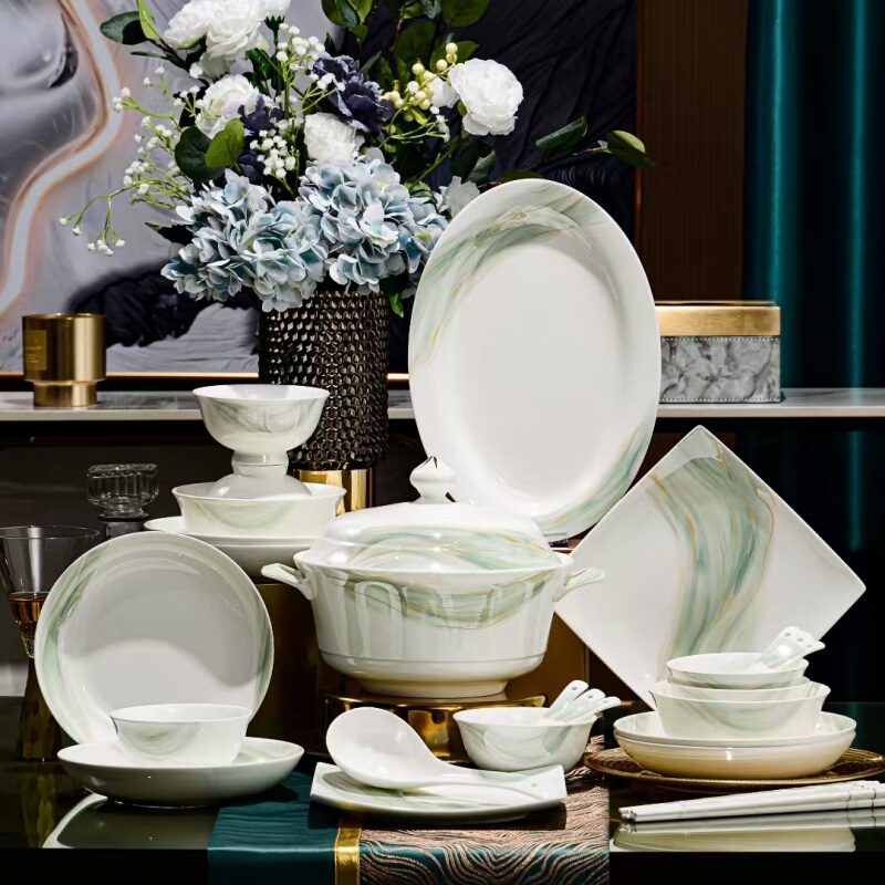 Tangshan Bone China Tableware Set with Plates, Bowls, Spoons, and Chopsticks for 6 People, Quiet and Simple Style for Home Use, Microwaveable