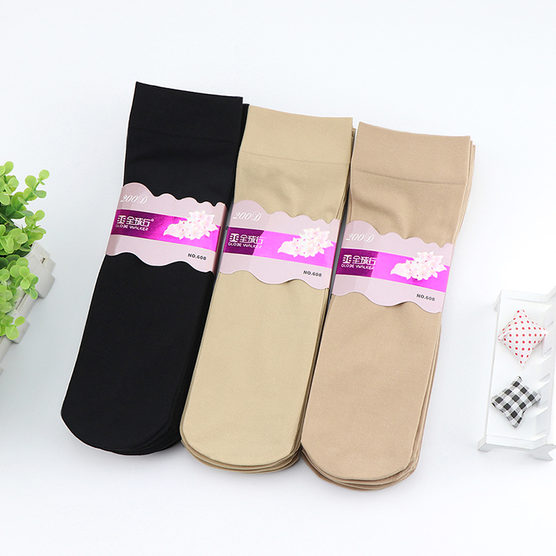 10 Pairs of Velvet Short Stockings, Thickened Anti-Snag, Wear-Resistant, Loose-Top, Black and Flesh-Colored Women's Mid-Calf Socks