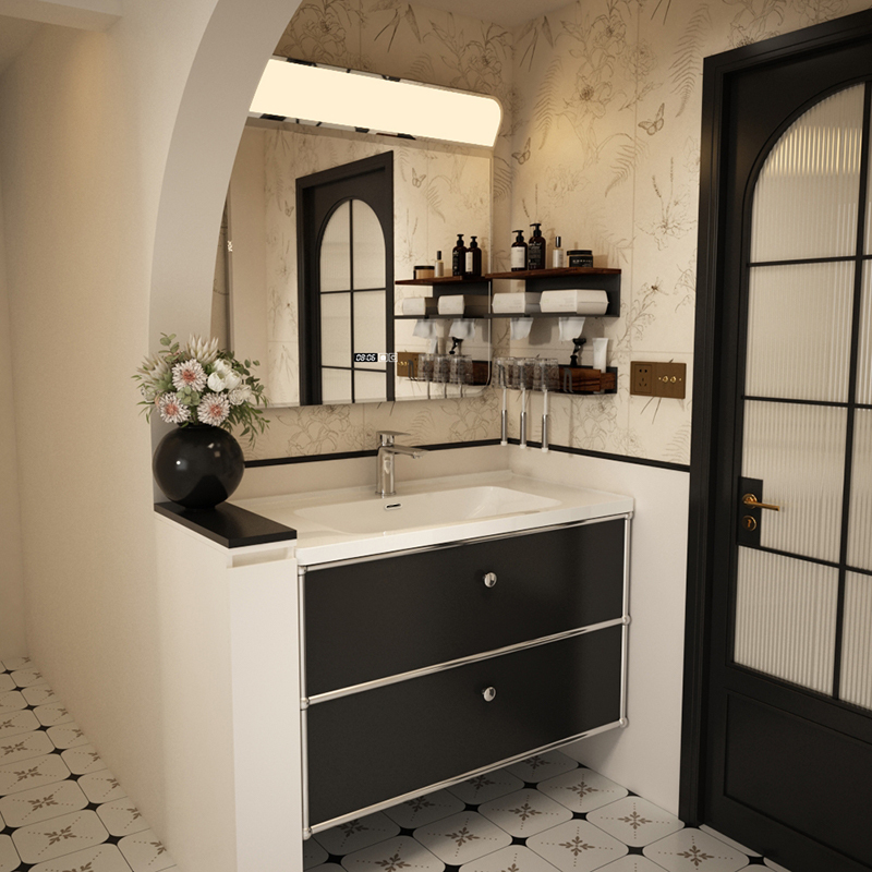 French Stainless Steel Bathroom Cabinet Combination Ceramic Integrated Basin Bathroom Washbasin Black Washbasin Bauhaus