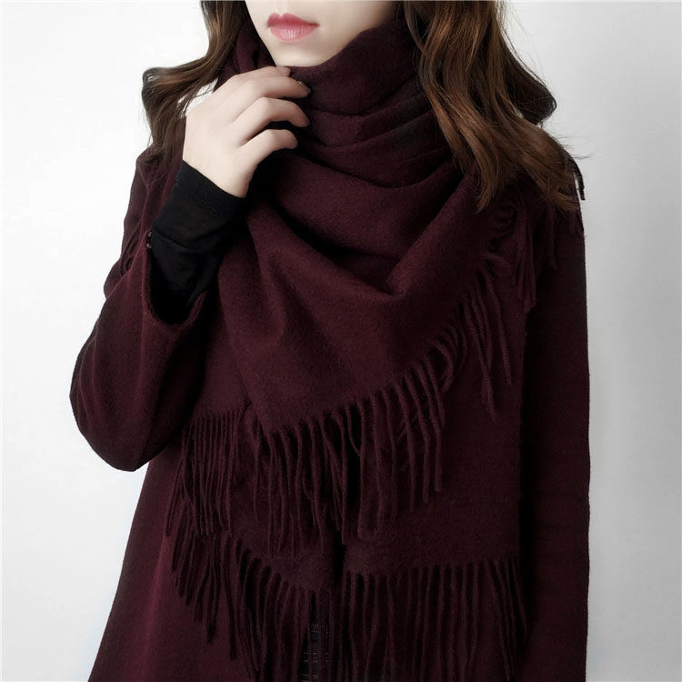 Fengziyu thick solid color dark wine red pure wool scarf shawl dual-use women's autumn and winter