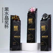 Premium Black Crystal Trophy Custom Made Pentagram Diamond Lotus Honor Medal Excellent Employee Annual Meeting Trophy