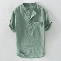 Mens Summer Hot Pure Hemp Button Short Sleeves Cotton Line