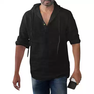 feitong Mens Cotton Linen Summer Shirt Top Hooded Baggy Bu