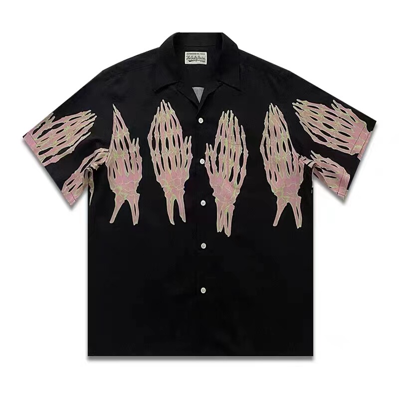 Life Wacko Maria Japanese Style Skull Ghost Hand Cuban Collar Floral Shirt Short Sleeve Hawaiian T-Shirt for Men and Women