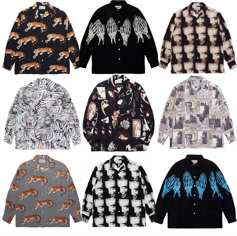 Life Wacko Maria Japanese Trendy Dark Retro All-Over Print Skull Ghost Hand Tiger Unisex Loose Long-Sleeve Shirt