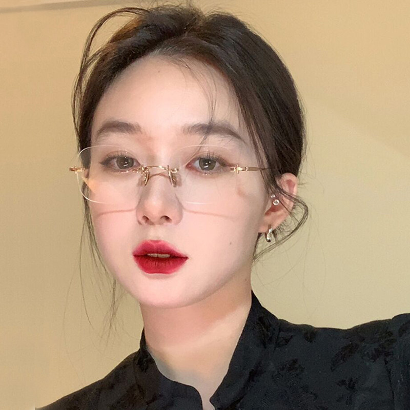 纯欲无框眼镜女近视可配度数防蓝光超轻金丝眼睛框镜架杨超越同款-Taobao