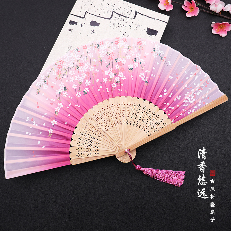 Ancient Wind Folding Fan Country Wind Classical Folding Fan Japan Style Cherry Blossom Small Fan Action Cartoon Female Dance Fan Summer