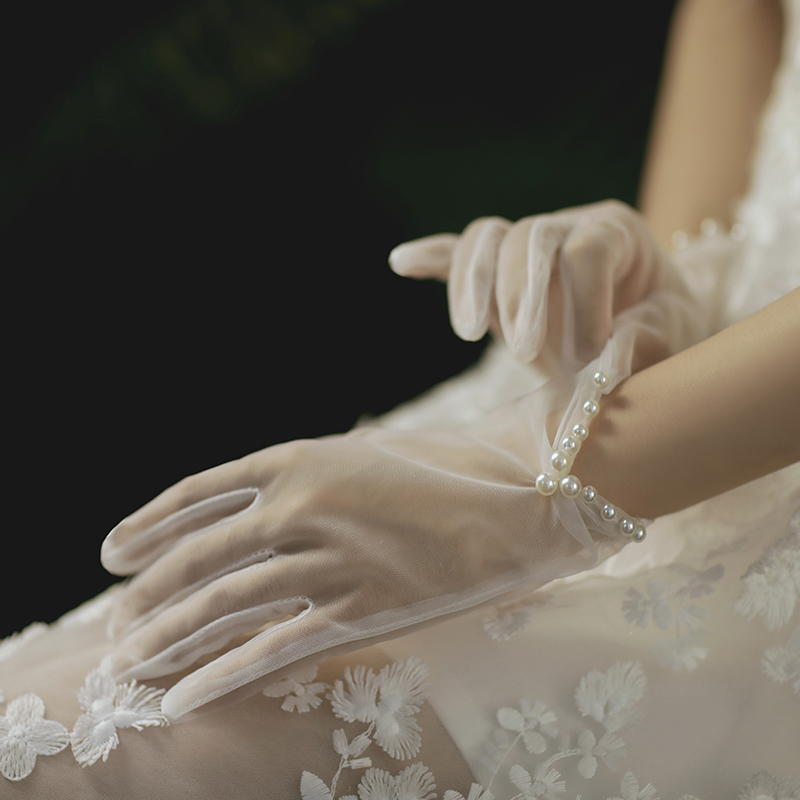 Retro white wedding gloves bride short champagne color mesh super fairy pearl photo photo accessories photo studio