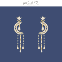 Fresh temperament Crystal stars moon tassel earrings stud earrings painless no ear pierced ear clip female