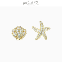 Delicate and extravagant and dazzling zircon asymmetric design Golden Starfish shell earrings painless earthen ear clip