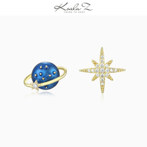 Asymmetrical design azure blue planet zircon star 925 silver pin earrings without ear hole ear clip female exquisite small