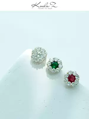 Big-name basic simple round diamond flower zircon red diamond emerald ear needle earrings without ear piercings ear clip female