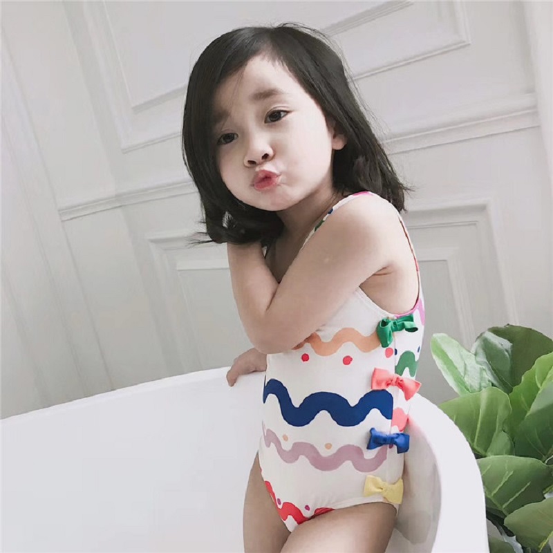 Children's swimsuit girls one-piece striped bow girl swimsuit ins cute baby hot spring vacation swimsuit