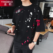 Short-sleeved mens T-shirt trendy fat Ice Silk plus fat plus size personality loose graffiti tide card seven-point sleeve clothes