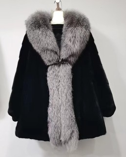 Loose bat sleeves fox fur collar mink coat women's mid-length imported whole mink velvet mink fur coat