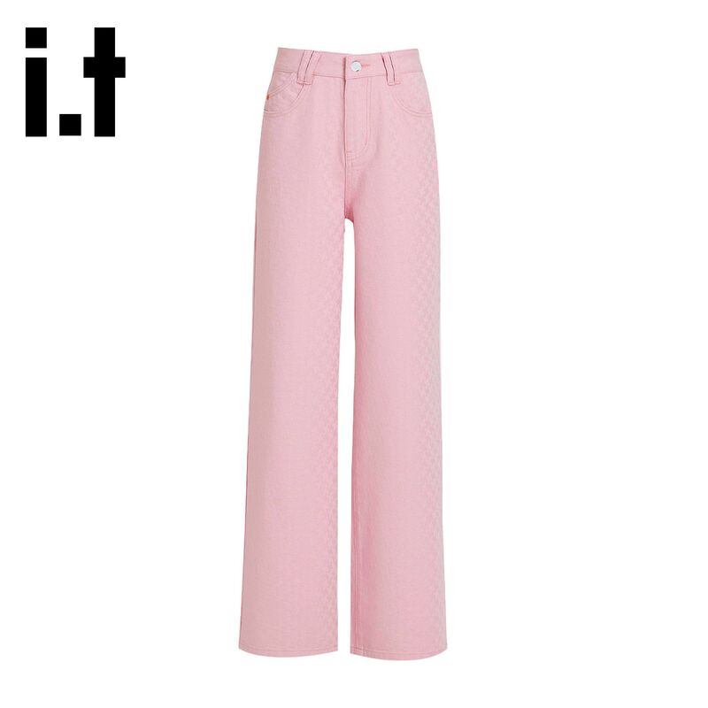 I.T: Chocoolate Dopamine Pink Wide-Leg Straight Jeans for Women, Jacquard High-Waisted Loose Slimming Pants
