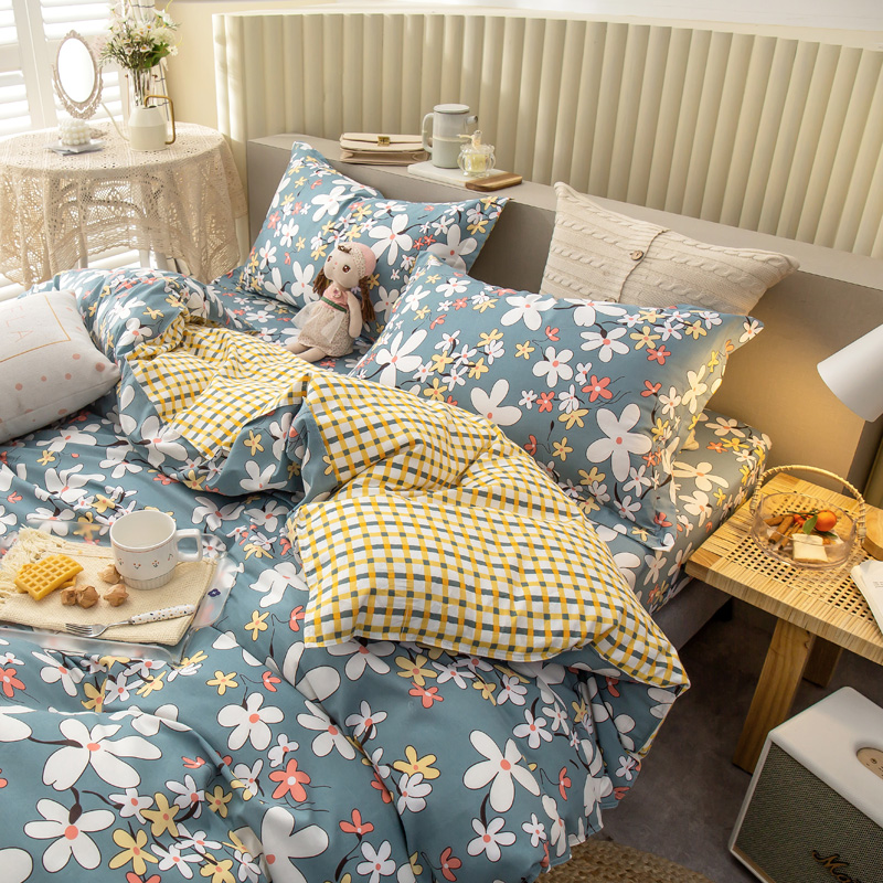 Simple cotton bed four-piece cute 100 cotton summer dormitory three-piece bed set children's bed quilt cover