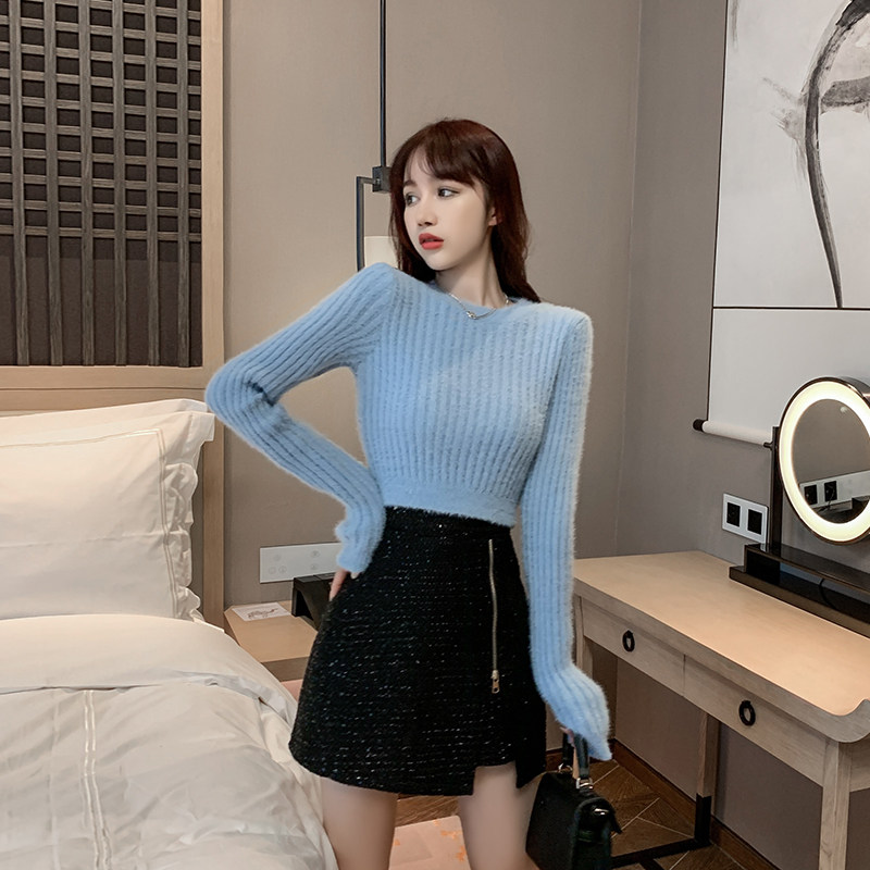 Small knitted sweater top women's autumn and winter long-sleeved furry short pullover mink velvet blue thick sweater tide